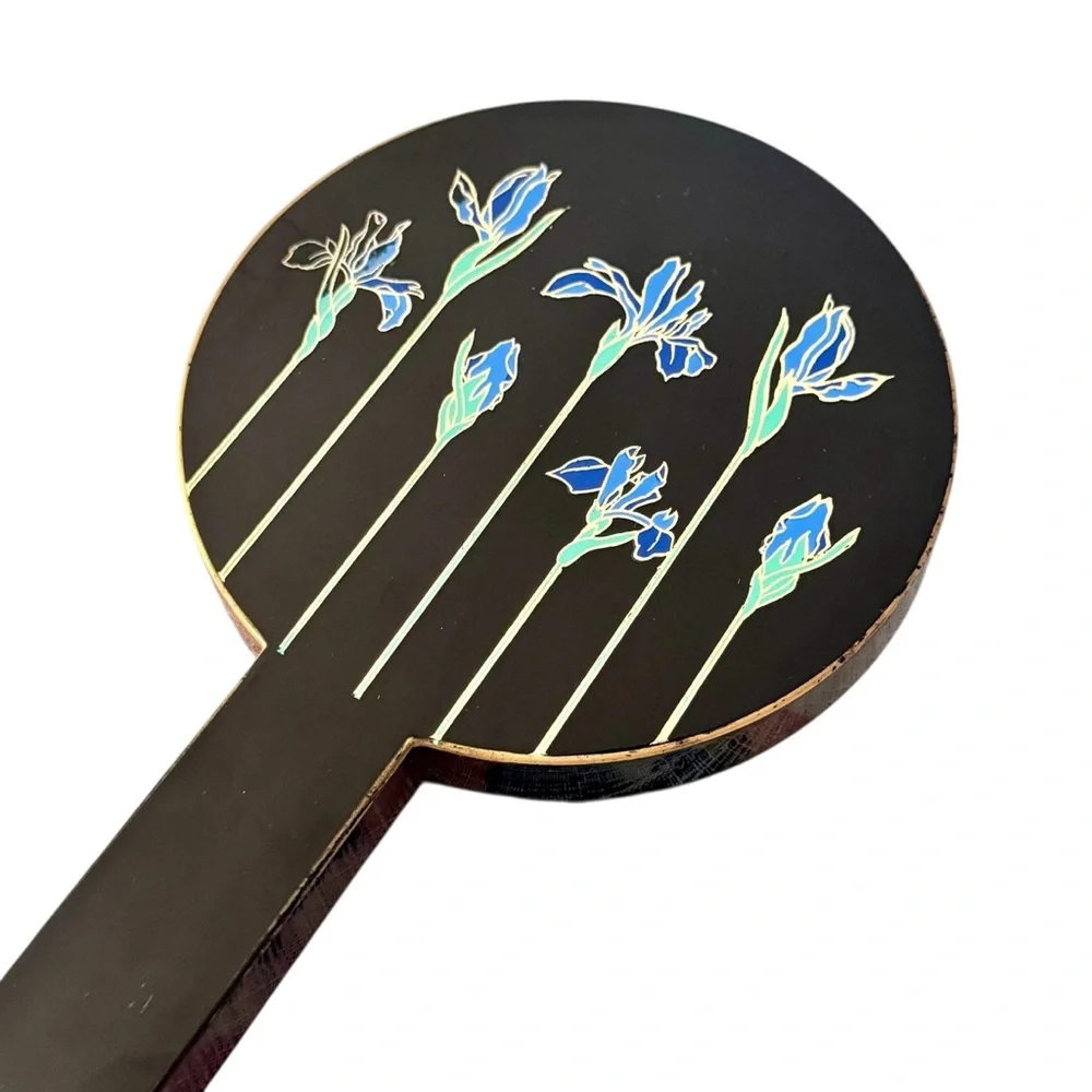 Vintage Otagiri Double Hand Mirror Nesting Black Lacquer Iris Floral Japanese
